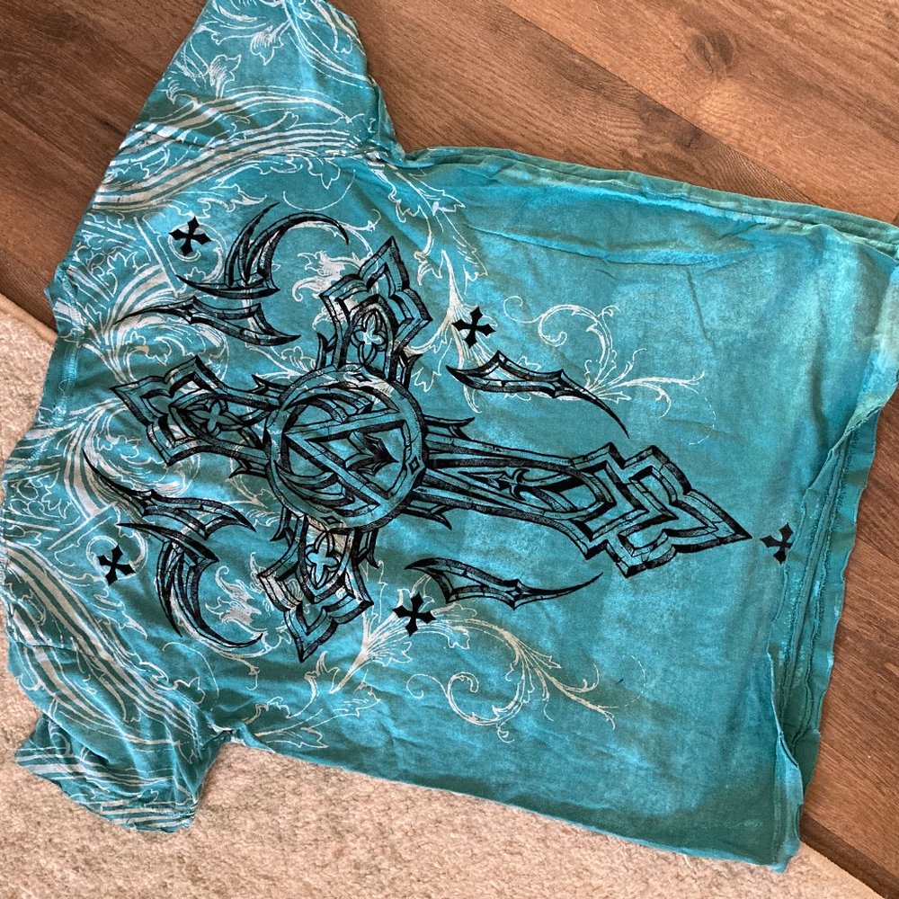 Affliction Blue & Black Velvet Distressed Tee - Picture 2 of 3